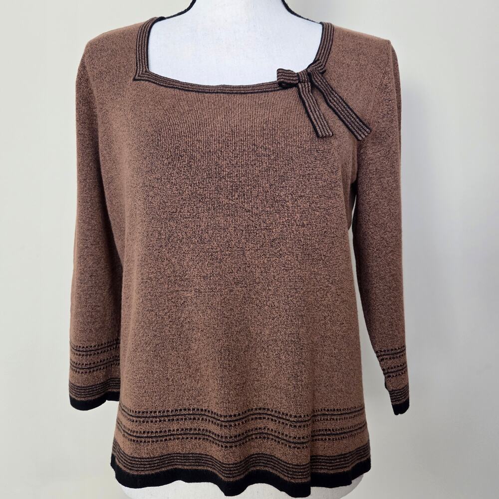 Vtg Emma James (Liz Claiborne) L Pullover 3/4 Sleeve Knit Sweater Bow Brown Blk